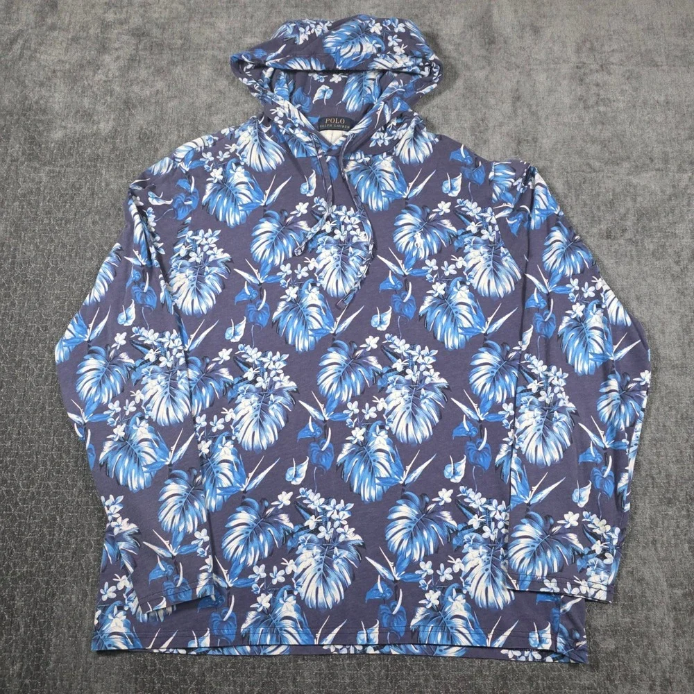 Polo Ralph Lauren Mens Blue Floral Tropical Print Jersey Hoodie Size Large
